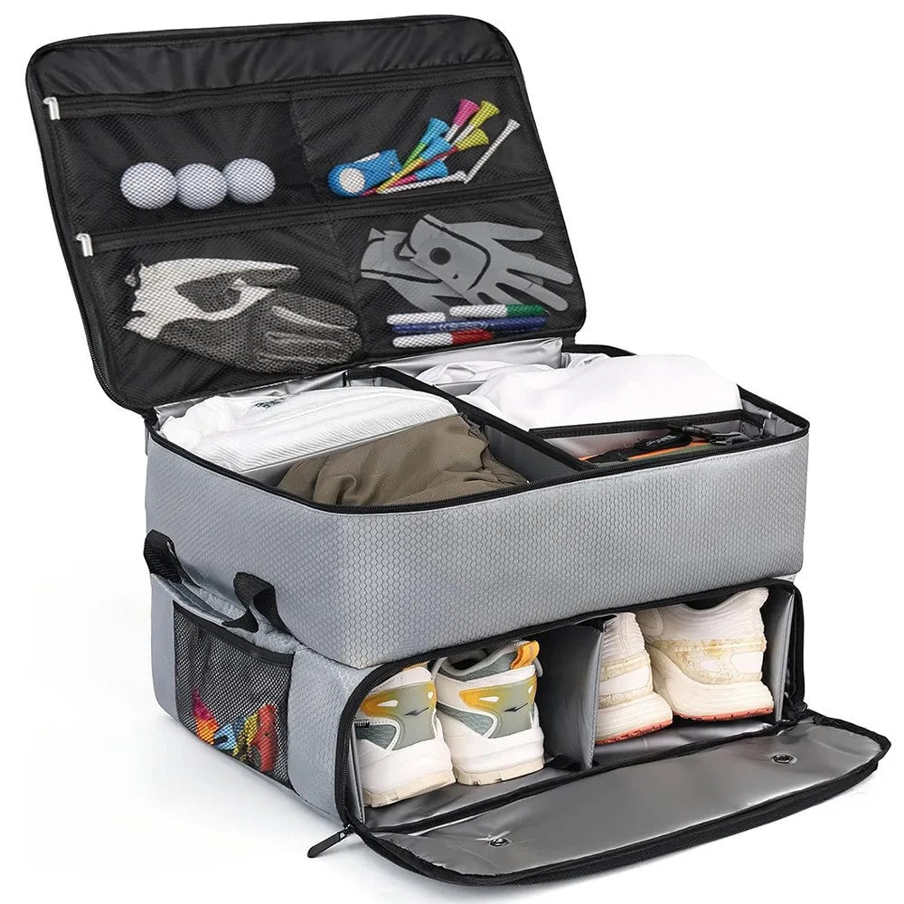 Grauer wasserdichter Kofferraum-Organizer mit Fächern für Schuhe, Accessoires und Gegenstände.