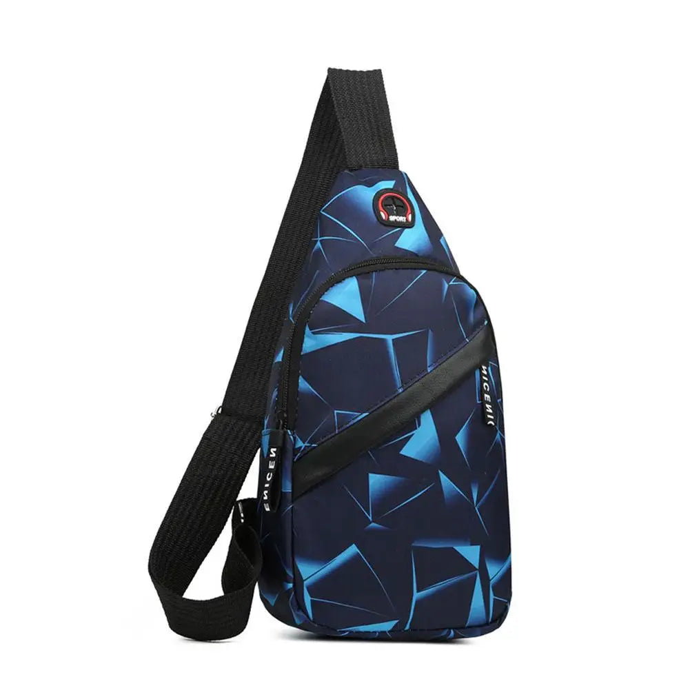 A dark blue geometric patterned waterproof crossbody chest bag with black straps.