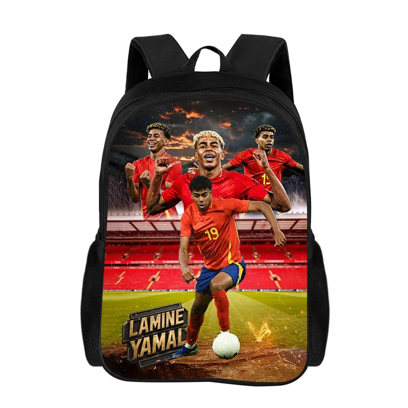 Black backpack featuring a graphic of Lamine Yamal and teammates in red jerseys on a soccer field.