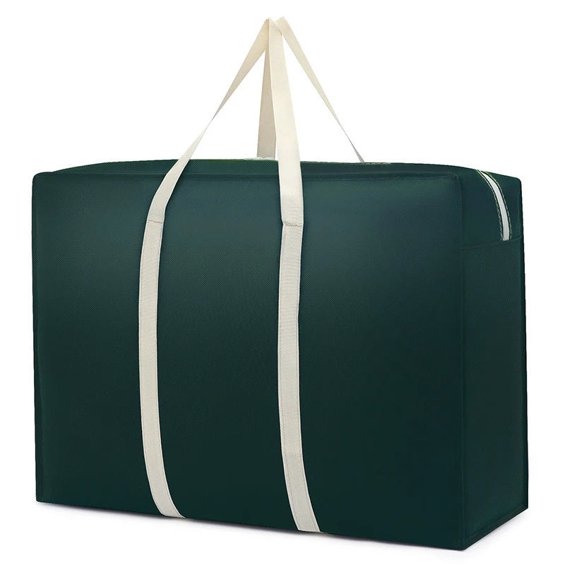 A dark green foldable waterproof storage bag with light beige straps.