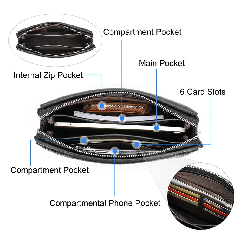 Portefeuille/pochette en cuir véritable pour homme avec différents compartiments, poche principale, poches additionnelles et 
