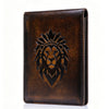 A dark brown leather wallet featuring an embossed silhouette of a lion's head.