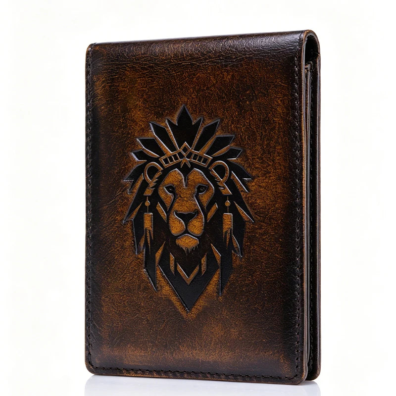 A dark brown leather wallet featuring an embossed silhouette of a lion's head.