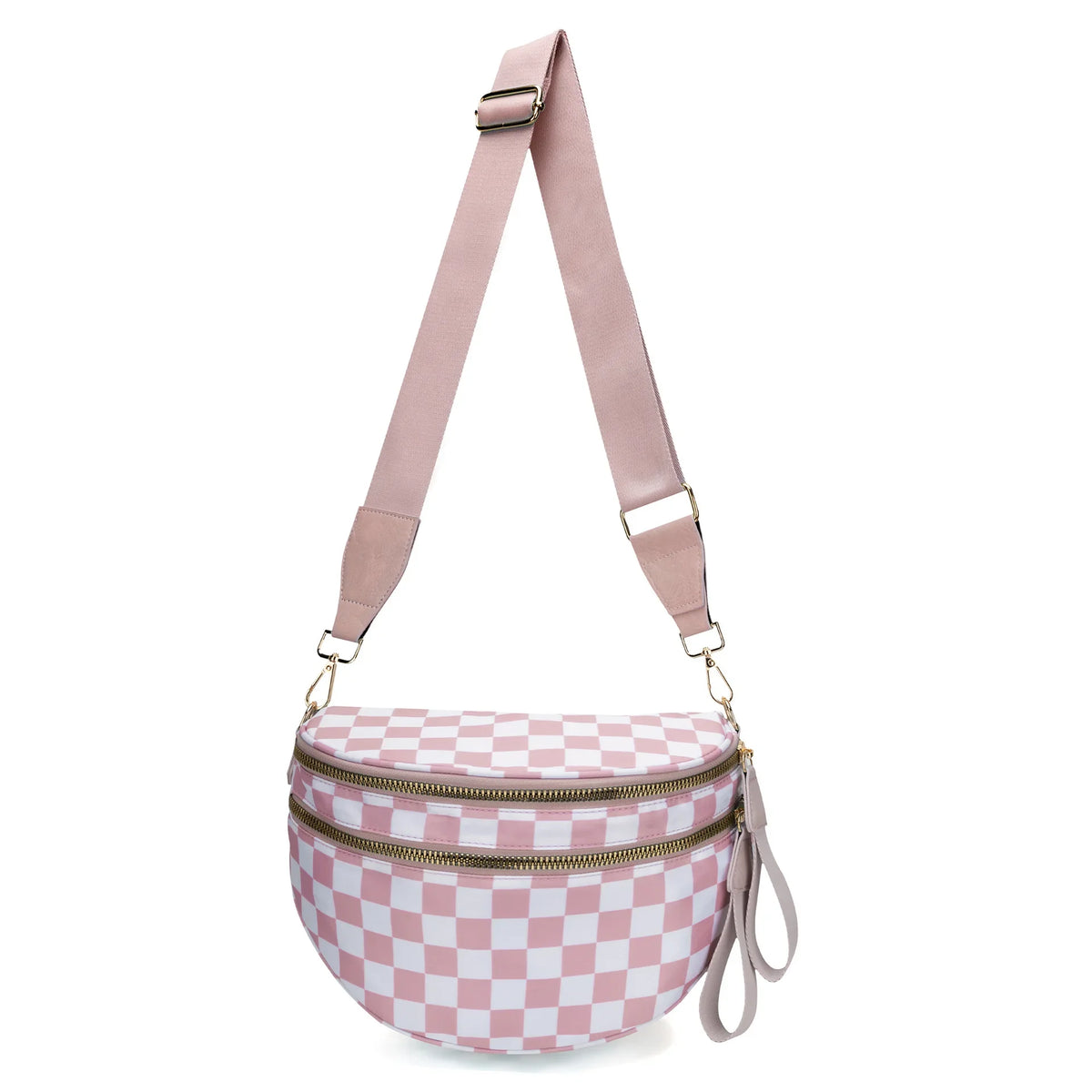 Pink karierte Crossbodytasche mit beigem Riemen und goldfarbenem Verschluss.