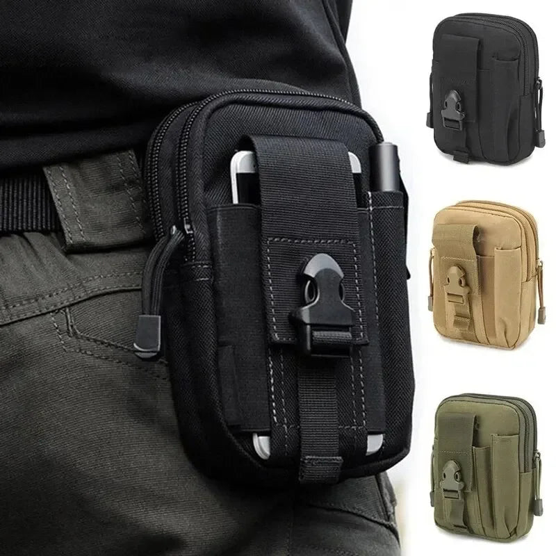 Black tactical camo leg bag fanny pack shown on a person's pants and in separate views.