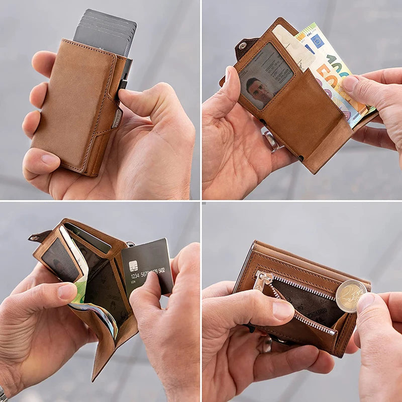 A brown genuine leather RFID blocking card wallet is shown being held and opened to display cards.