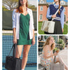 A woman models a light quilted crossbody tote bag in beige and white against a blurred outdoor background.