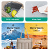 Insulated multi-pocket work tote shown with food and drink, emphasizing leak-proof and wipe-clean features.