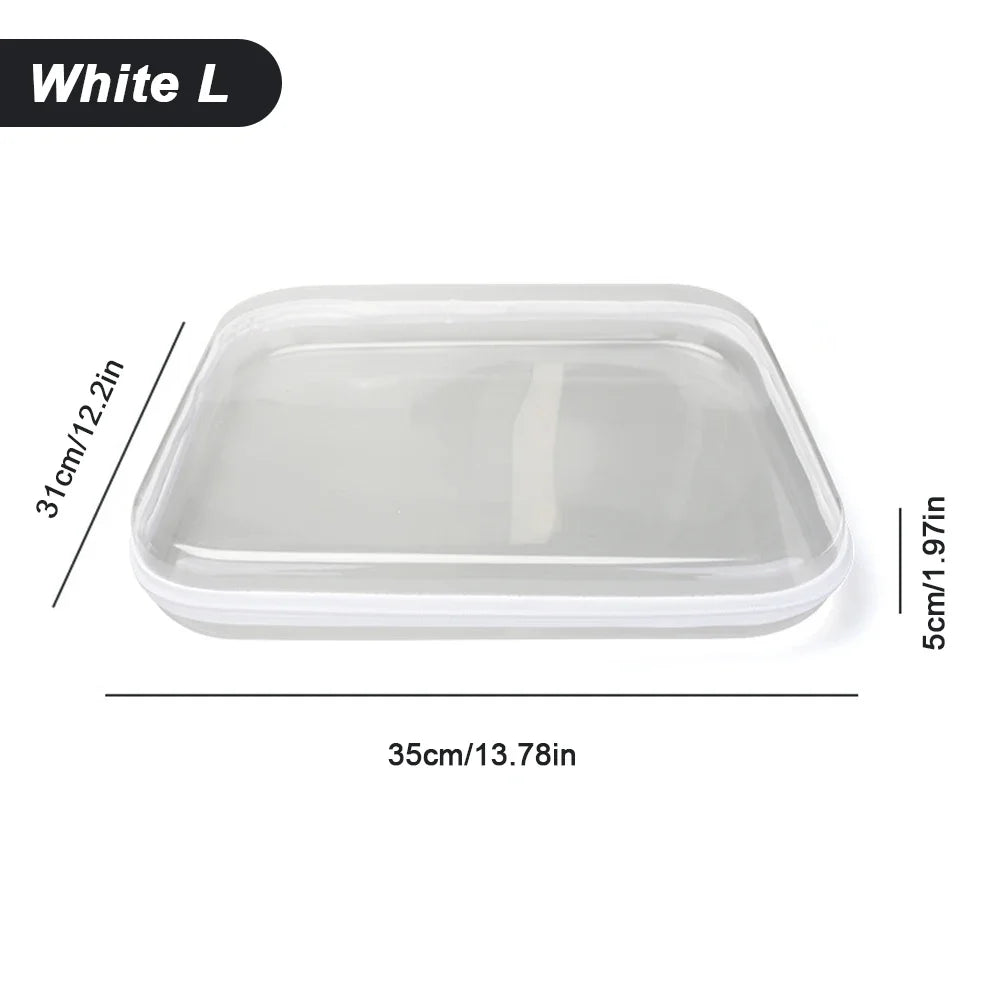 White L durable transparent storage pouch measuring 35cm by 12.2in