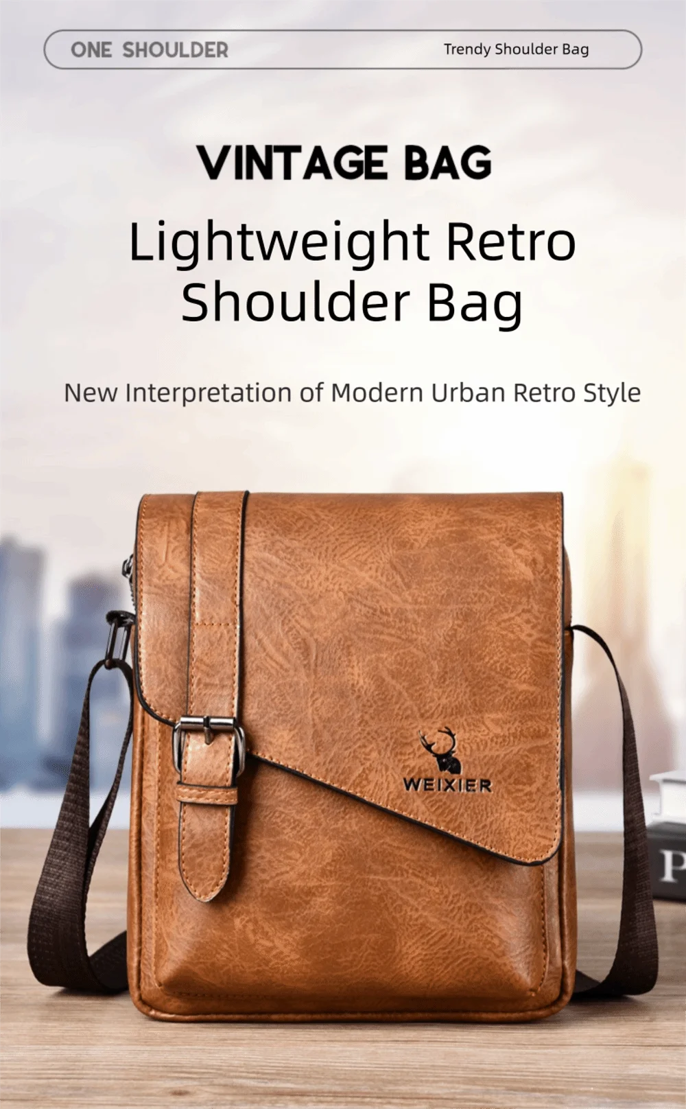 A brown leather shoulder bag featuring a flap closure and stitching, shown on a wooden surface.