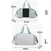 A side-by-side comparison of a small (S) and large (L) light green nylon duffel bag with wet/dry separation features.
