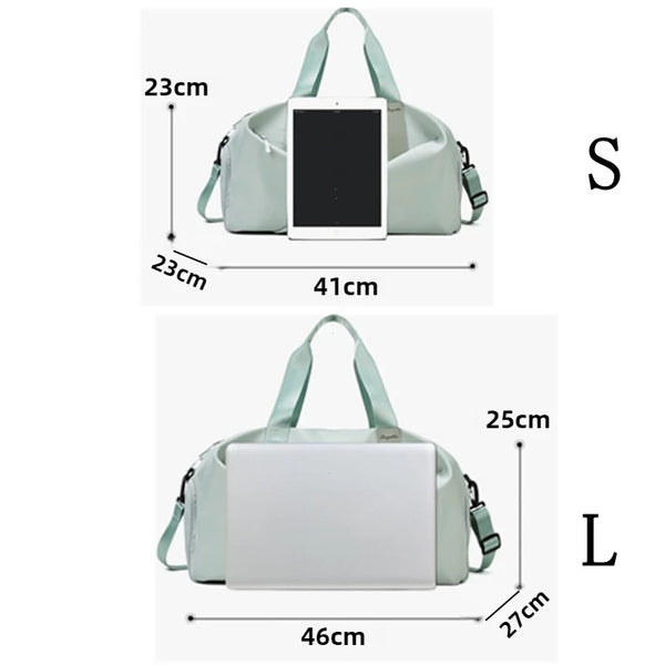 A side-by-side comparison of a small (S) and large (L) light green nylon duffel bag with wet/dry separation features.