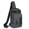A dark gray men's multi-compartment nylon crossbody sling bag with a padded strap and multiple zippered pockets.