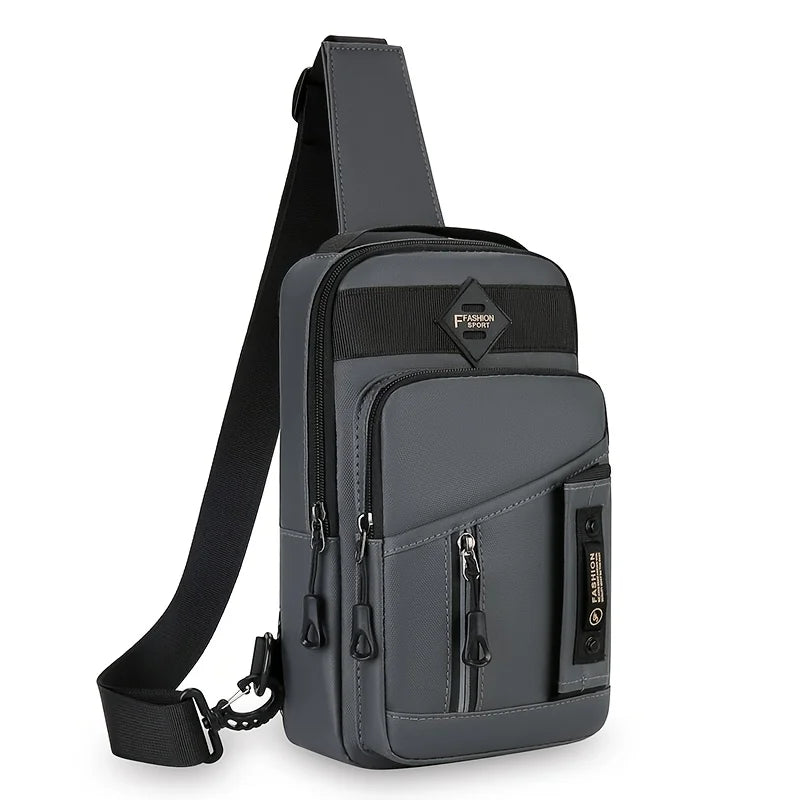 A dark gray men's multi-compartment nylon crossbody sling bag with a padded strap and multiple zippered pockets.