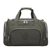 A dark olive green durable nylon travel duffle bag with padded straps and zippers.