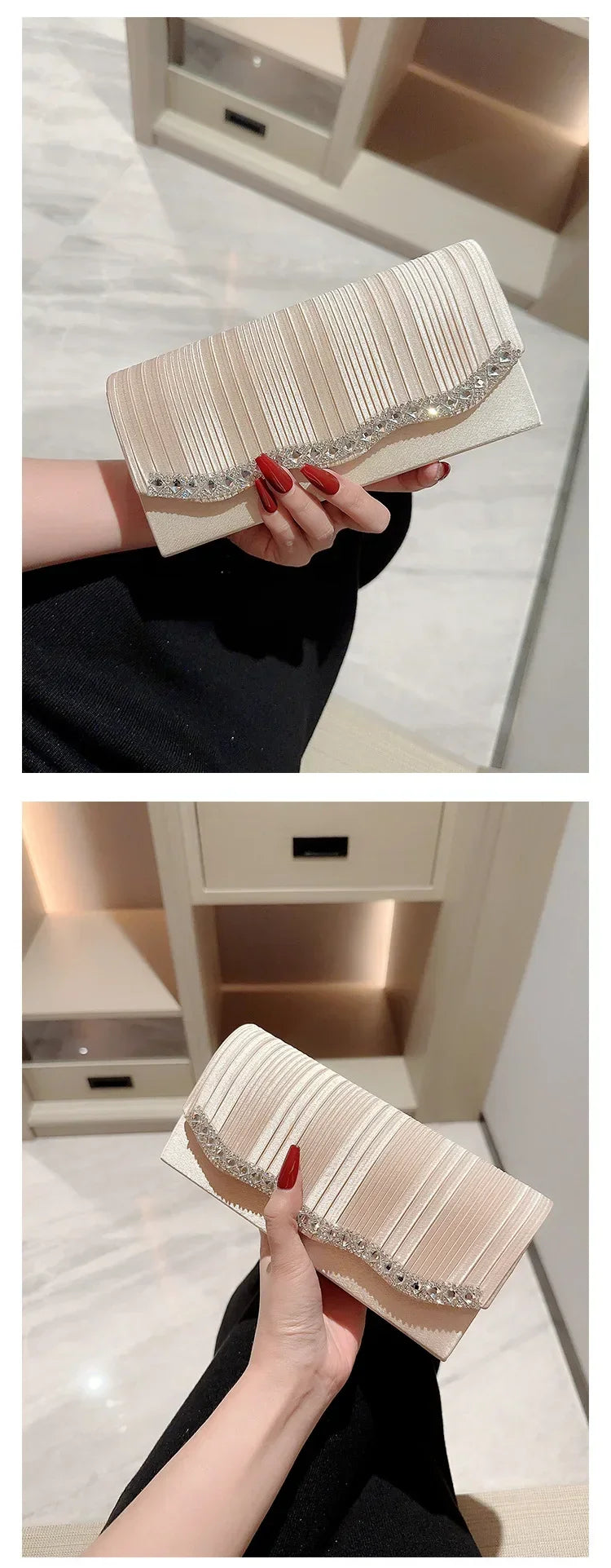 Nahaufnahme einer eleganten silbernen Ketten-Shoulderclutch mit plissierter Textur und funkelnden Verzierungen.