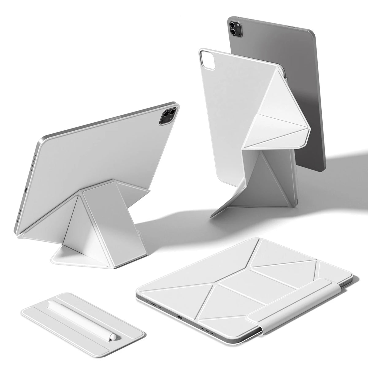 Silberne magnetische Smart-Etui-Hülle für ein iPad in verschiedenen Winkeln mit Stift.