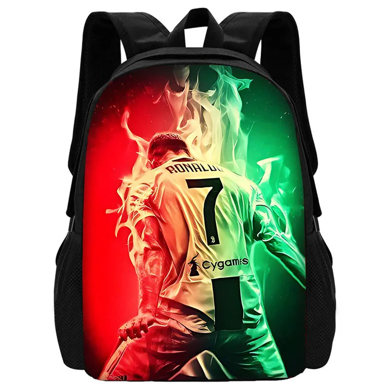 A black backpack featuring a graphic print of a soccer player in a red and green glow.