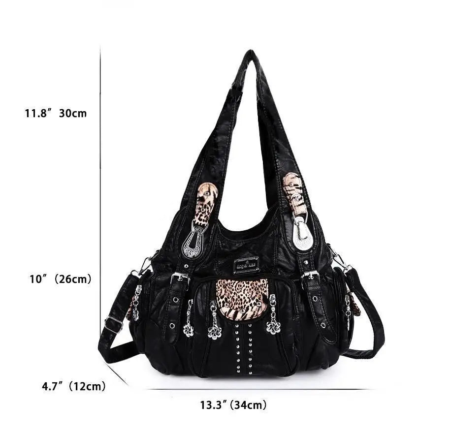 Black vintage PU leather hobo shoulder bag with gold hardware shown against a white background.