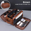 Brown PU leather travel toiletry bag with organizer pockets shown in an open view