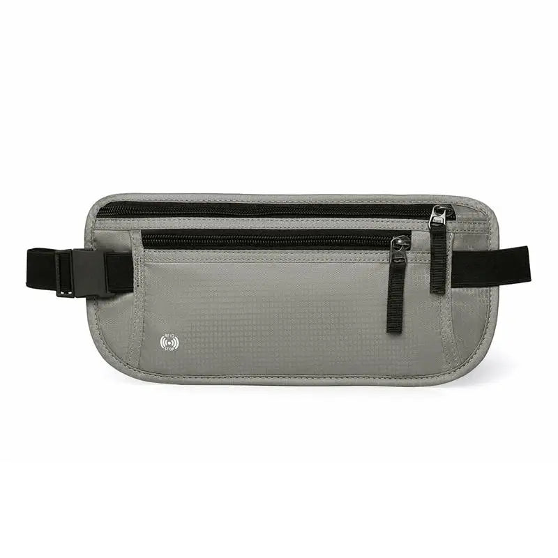 Bolsa para dinero antirrobo delgada gris con compartimento cremallera y correa negra.