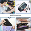 A multi-function leather pencil case shown in various colors and usage contexts.