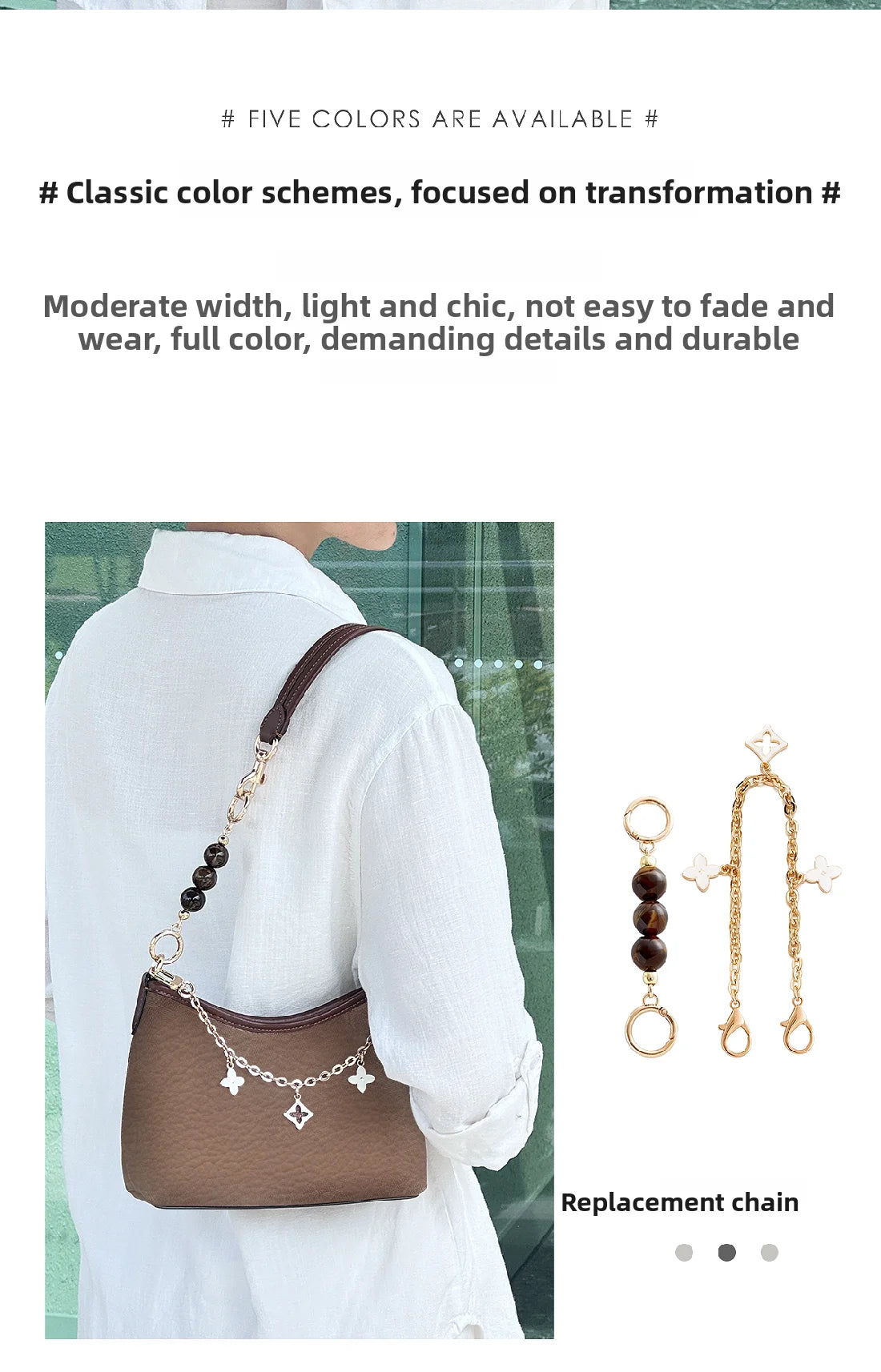 A brown leather crossbody bag with a gold chain and charm decoration is shown against a white shirt.