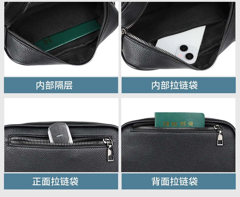 Gros plans d'un sac clutch en cuir PU noir montrant la doublure intérieure et divers types de fermetures éclair.
