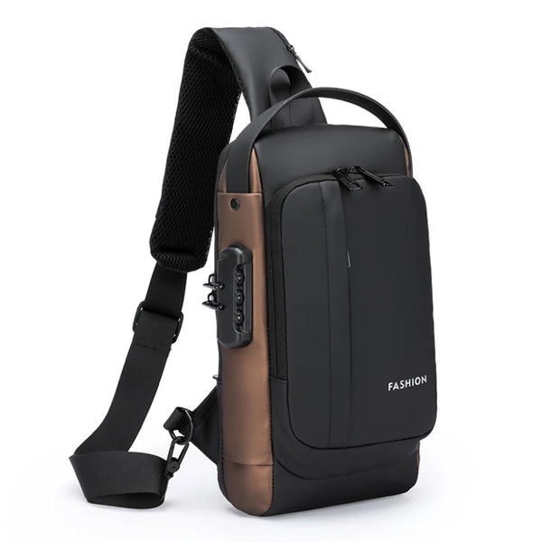 A black anti-theft zippered crossbody bag with a brown accent and adjustable strap.