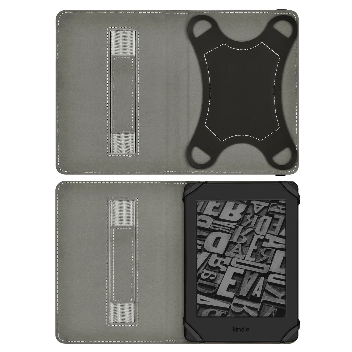 A gray universal e-book cover featuring a protective strap and a black Kindle device.