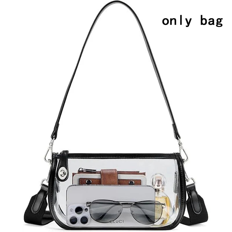 Sac à l'épaule en PVC transparent avec sangle en cuir et étui pour lunettes de soleil.