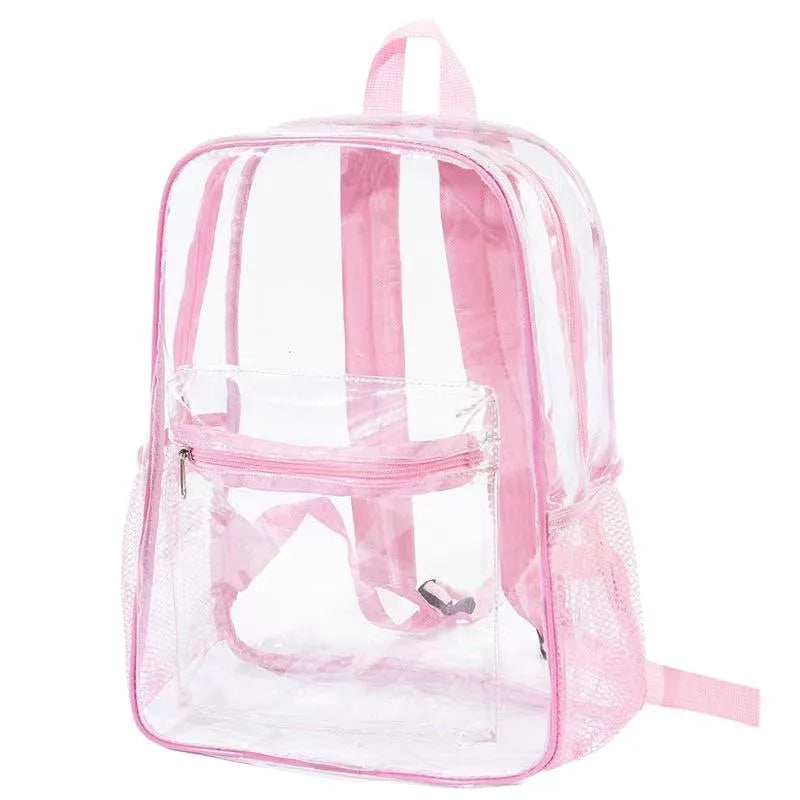 A clear pink transparent PVC backpack for kids and students.