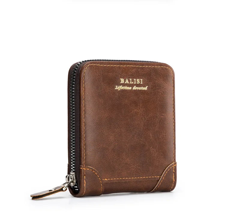 A brown leather wallet with gold lettering and a zipper is shown against a white background.
