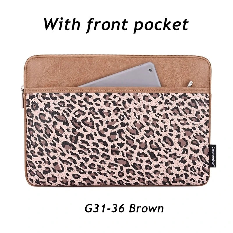 Brown leopard print laptop sleeve with a front pocket