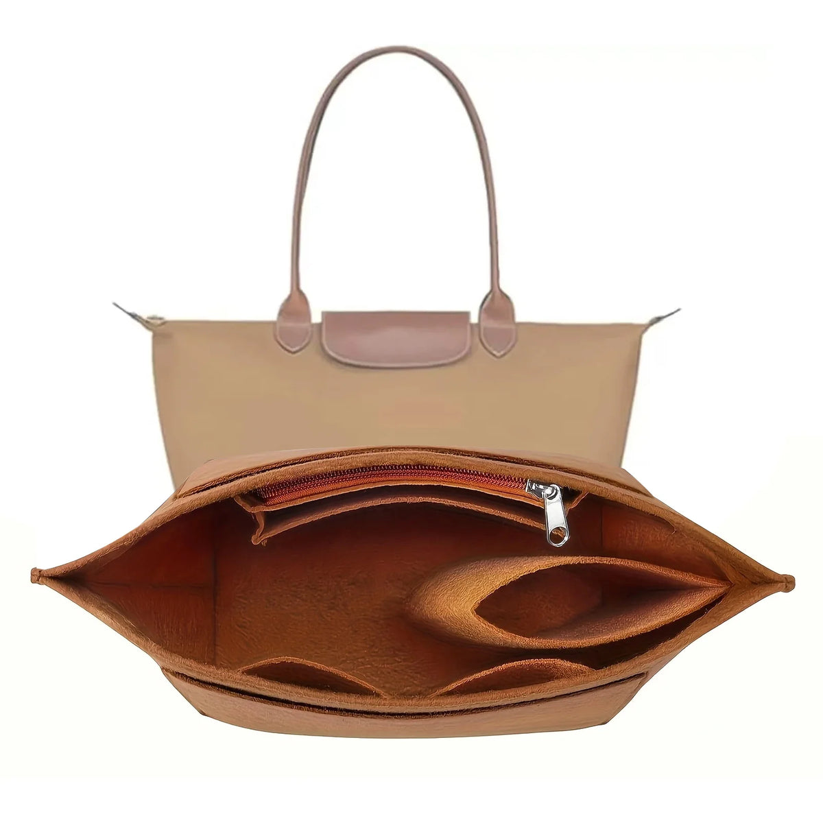 A tan felt insert bag designed to organize a handbag, featuring a top handle and a zippered interior pocket.