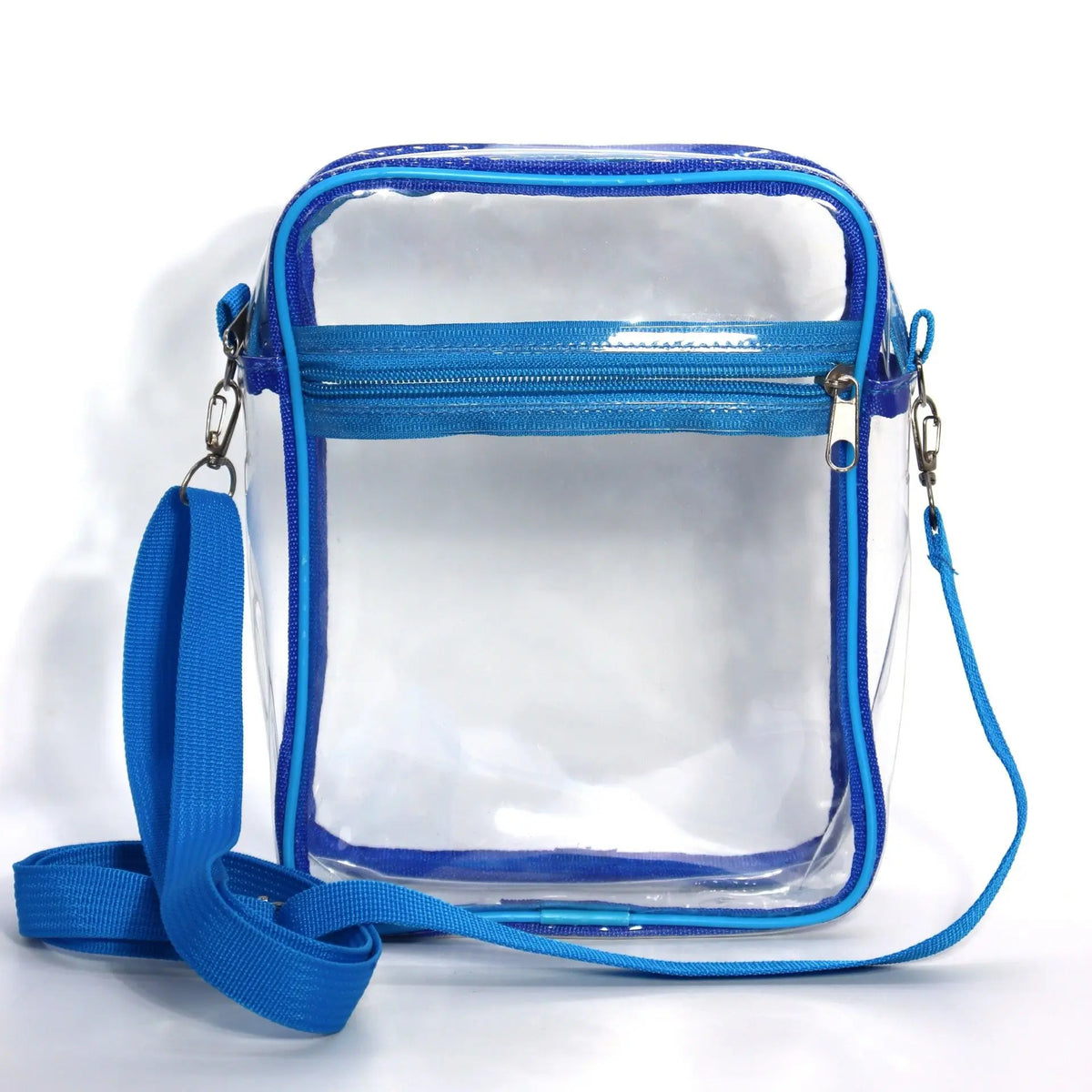 A clear transparent blue crossbody bag with a zipper and adjustable strap.