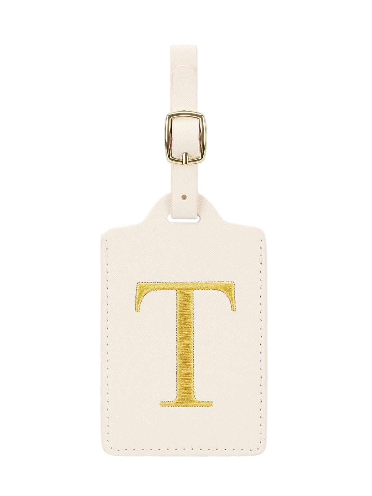 Étiquette de bagage en cuir crème rectangulaire avec un T brodé en or et une pince métallique argentée.