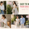 A collection of women using striped knit bucket tote bags for daily looks, including office, garden, café, and weekend outing