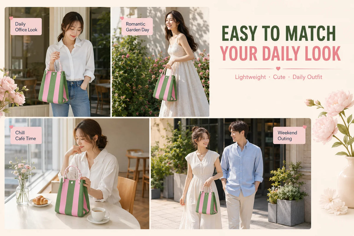 A collection of women using striped knit bucket tote bags for daily looks, including office, garden, café, and weekend outing