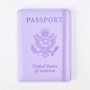 A purple passport holder with the United States of America seal printed on the cover.