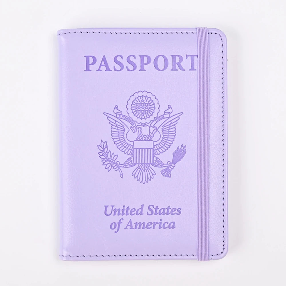 A purple passport holder with the United States of America seal printed on the cover.