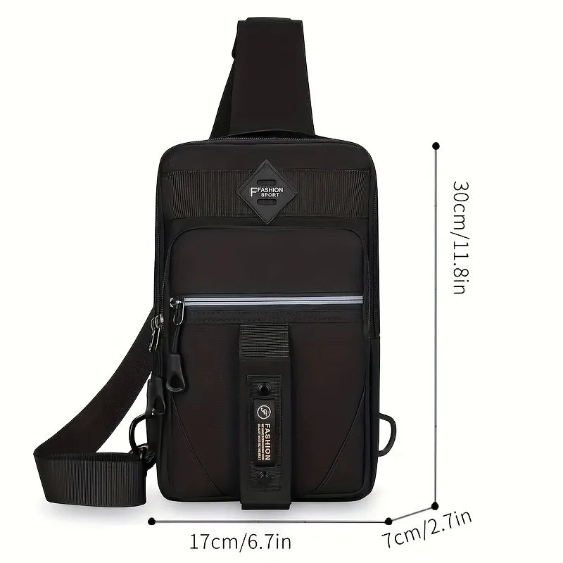 A black men's multi-compartment nylon crossbody sling bag shown from the back.