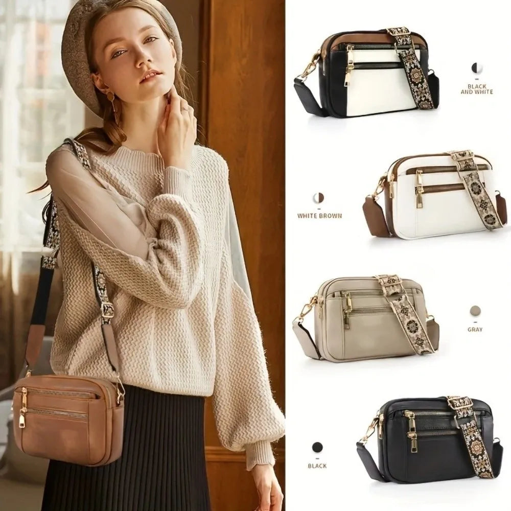 A woman models a beige sweater and black skirt while displaying various styles of retro square crossbody bags.