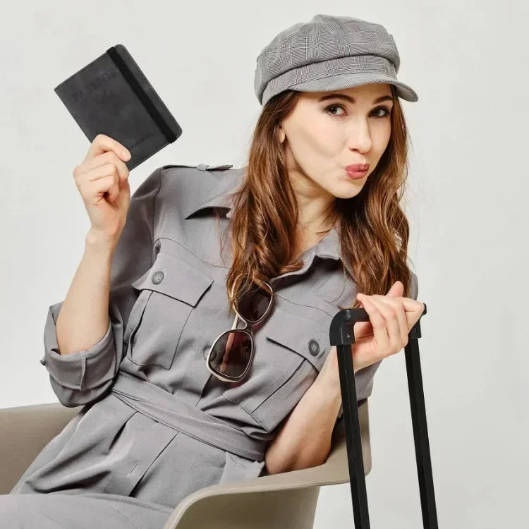 A woman wearing a gray shirt holds an RFID blocking leather travel wallet.