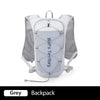 A grey hydration running vest backpack with mesh pockets and a strap is shown against a white background.