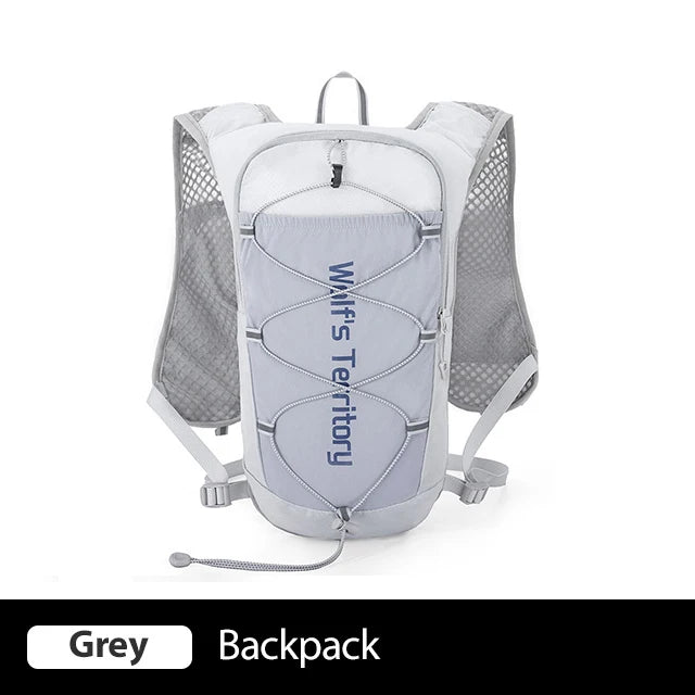 A grey hydration running vest backpack with mesh pockets and a strap is shown against a white background.