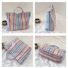 A striped PVC shoulder tote bag in pink, blue, and white stripes shown from multiple angles.