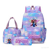 A purple multi-compartment backpack set featuring a unicorn design and demon hunters graphics.
