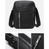 Black waterproof PU leather sling bag shown from the front and side views.