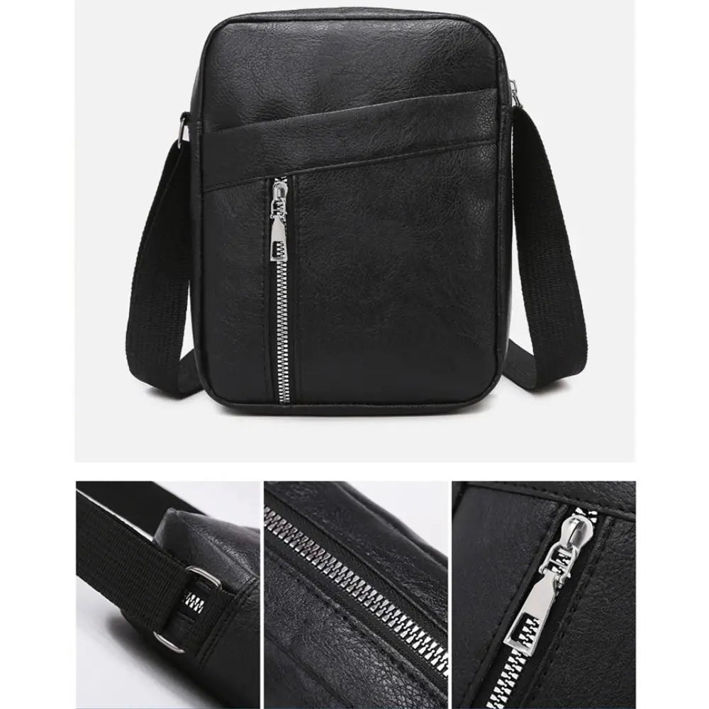 Black waterproof PU leather sling bag shown from the front and side views.